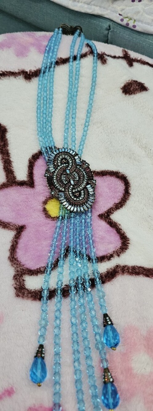 Turquoise Beaded Statement Necklace with Rhinestone Medallion